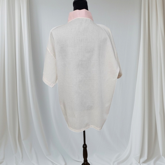 Korean Made Linen Cream and Pink Button-Up Blouse with Screen Print Design - Picture 6 of 9